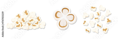 Popcorn kernels set, popped corn icons, fluffy snack bursts, cinema theme graphics, treat collection, vector clipart, isolated