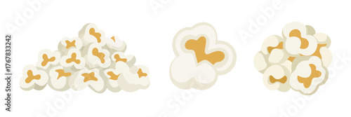 Assorted popcorn mounds, fluffy kernels cluster, movie night snack, treat icons, vector illustration, food clipart set, isolated elements
