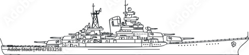 A detailed line drawing of a large military warship showcasing its design and structure.