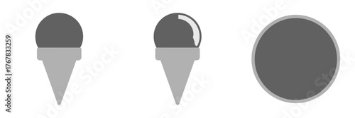 Monochrome ice cream icons, minimal cone silhouette, scoop circle graphic, dessert symbol set, vector illustration, branding elements, isolated
