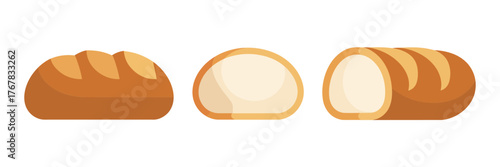 Soft bread loaf set, sliced piece, bakery food illustration, golden crust texture, breakfast staple icons, vector clipart, isolated