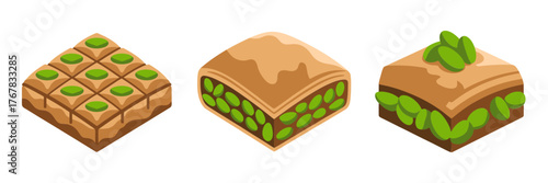 Layered nut pastry squares, honey glaze detail, pistachio crumbs, sweet dessert pieces, confectionery illustration, vector clipart set, bakery