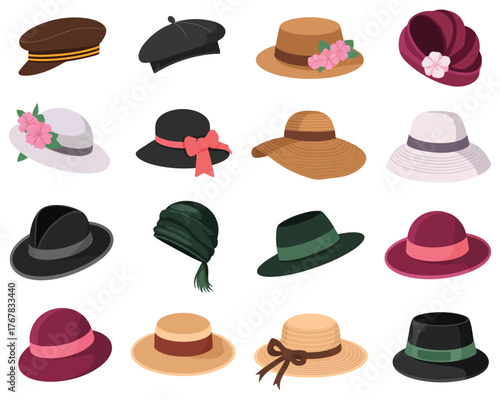 Female Hats  Caps Vector Illustrations, Woman Vacation Caps, Bonnets, Panama Hats, Fashion Berets, Napper Hats, Traditional Headwear, and Stylish Women Accessories
