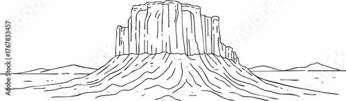 A detailed illustration of a prominent rock formation in a vast desert landscape.
