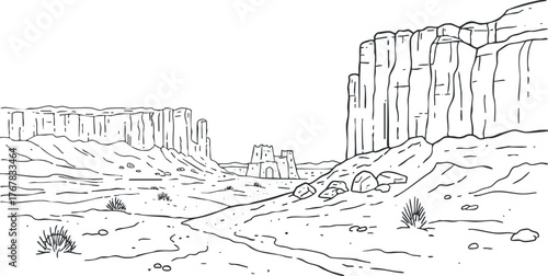 A minimalist black and white illustration of a vast desert landscape with rocky formations.