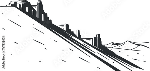 A minimalist black and white illustration of a desert landscape featuring rocky formations and distant mountains.