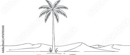 A minimalist illustration of a palm tree in a serene desert landscape with gentle sand dunes.