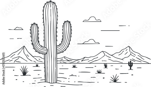 A minimalist illustration depicting a cactus in a desert landscape with mountains and clouds.
