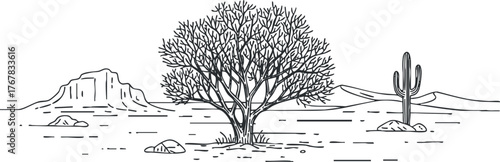 A minimalist black and white illustration of a tree and cacti in a desert landscape.