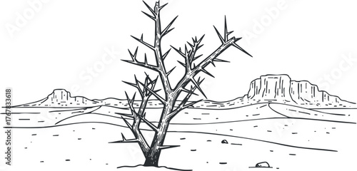 A minimalist illustration of a barren desert landscape featuring a solitary tree against distant mountains.