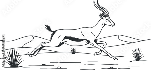 A stylized illustration of a jumping antelope in a desert landscape.