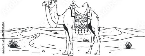 A detailed illustration of a camel standing in a vast desert landscape with vegetation.