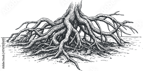 Detailed illustration of tree roots showcasing the intricate network beneath the surface.