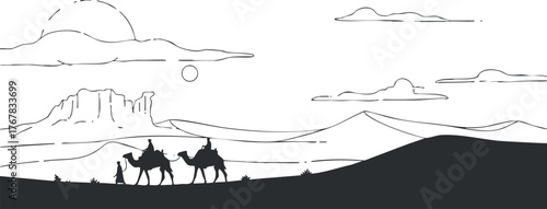 Silhouetted figures traveling on camels across a serene desert landscape at sunset.