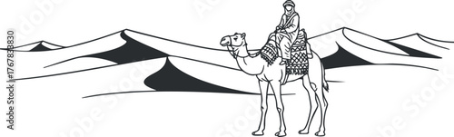 A silhouette of a traveler riding a camel across a desert landscape with sand dunes.