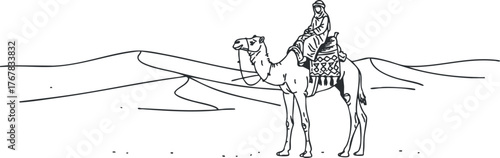 A lone traveler rides a camel across a vast desert landscape with rolling sand dunes.