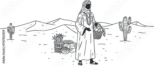 A man in traditional clothing stands in a desert landscape holding a basket.
