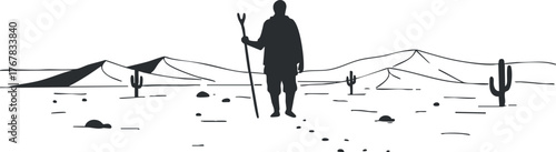 A silhouette of a hiker walking through a vast desert landscape with cacti and mountains.