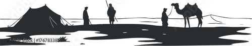 Silhouette of nomads with a camel near a tent in a desert landscape.