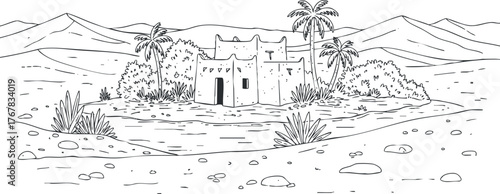 A tranquil desert landscape featuring an oasis with palm trees and traditional buildings.