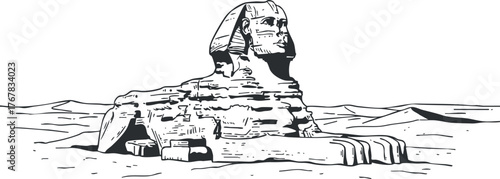 Illustration of the Great Sphinx of Giza, an iconic ancient Egyptian monument in the desert.