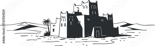 An artistic illustration of a desert fortress surrounded by sand dunes and palm trees.
