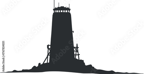 Silhouette of a lighthouse on the coast against a white background, symbolizing guidance and navigation.