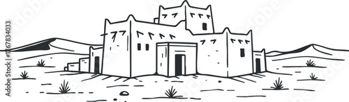 A detailed illustration of a historical fortress in a desert landscape with mountains.