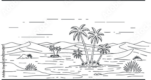 A minimalist illustration of a desert oasis featuring palm trees and mountains in the background.