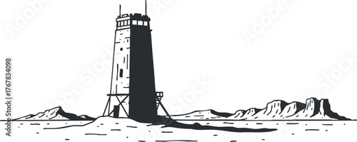A black and white illustration of a lighthouse on a coastal landscape.