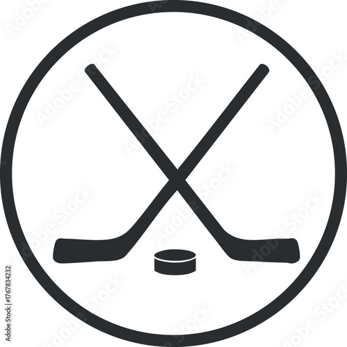 Illustration of crossed hockey sticks and puck in a circular design for sports enthusiasts.