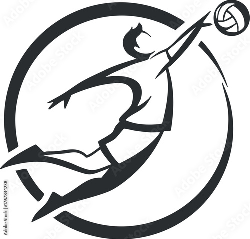 A dynamic silhouette of a volleyball player jumping to hit the ball in action.
