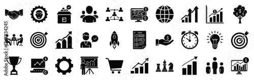 Profitable Business Silhouette Vector Icons Set - Minimal Flat Design Symbols Representing Success, Growth, Entrepreneurship, Marketing, and Financial chievement