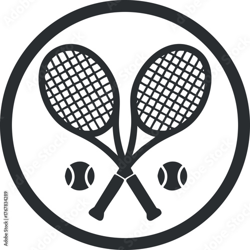 Two tennis rackets crossed with tennis balls representing the sport and recreational activity.