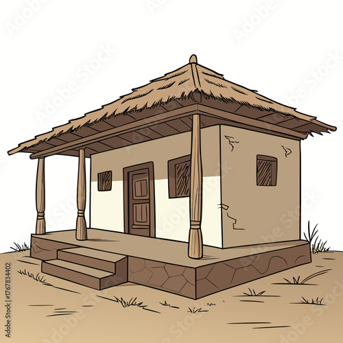 Traditional mud house with thatched roof