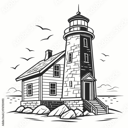 Illustration of a lighthouse with a house