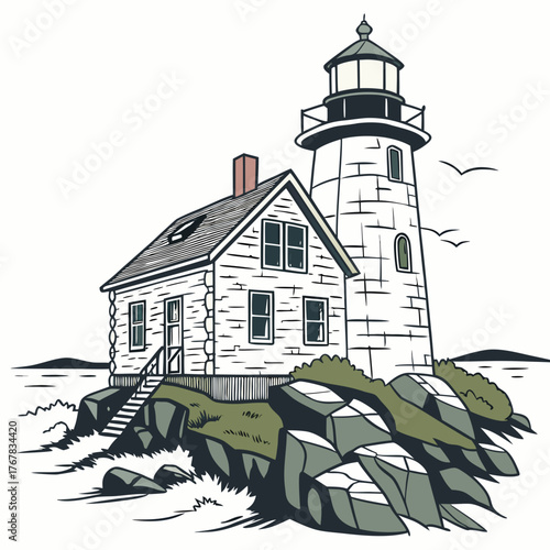 Illustration of a lighthouse with a house