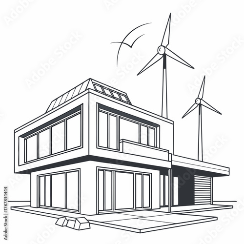 Modern house with wind turbines in minimalist style