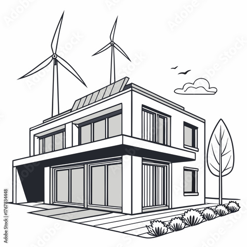Contemporary house with wind turbines in line art