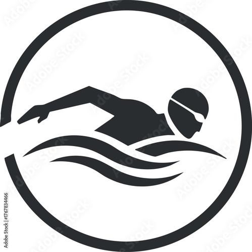 A minimalist icon depicting a swimmer in motion gliding through water waves in a circular design.