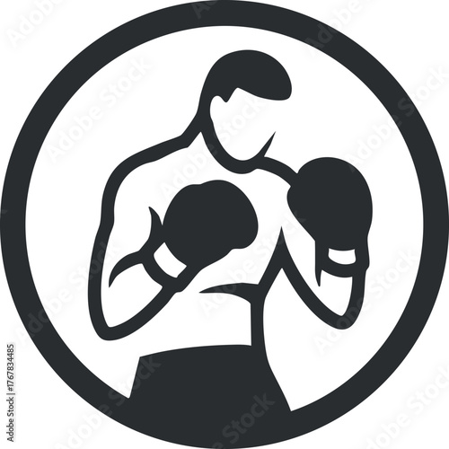 A stylized black and white illustration of a boxer in a fighting stance with gloves.