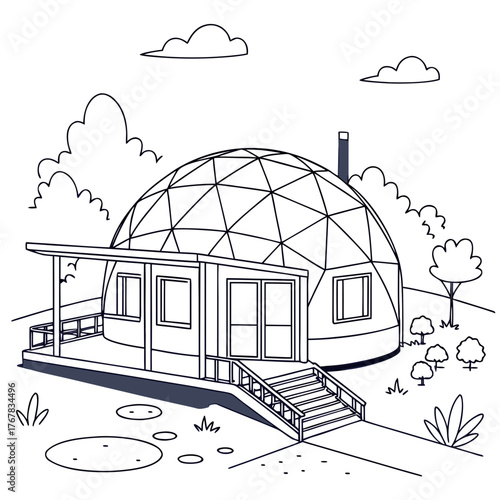 Geodesic dome house with clouds