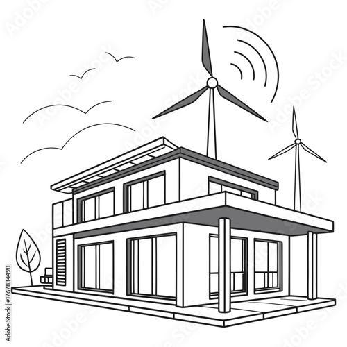 Modern ecofriendly house with wind turbines