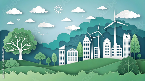 Green Cityscape with Wind Turbines and Buildings in Paper Art Style, Eco-Friendly Urban Concept, Clean Energy Infrastructure, Environmental Sustainability Illustration