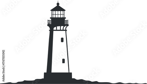 A silhouette of a lighthouse standing tall against a white background symbolizing guidance and safety.