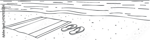 A simple illustration of a beach scene featuring a towel and flip flops on the sand.