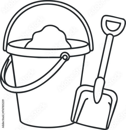 A simple outline illustration of a bucket filled with sand and a shovel for kids.