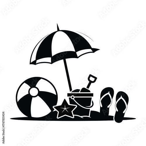 Summer beach fun scene with umbrella beach ball bucket and flip flops silhouette vector