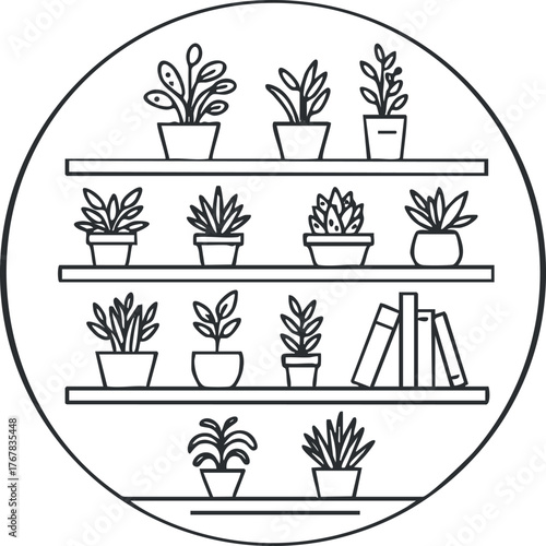 A minimalist illustration of various houseplants arranged on shelves with books.
