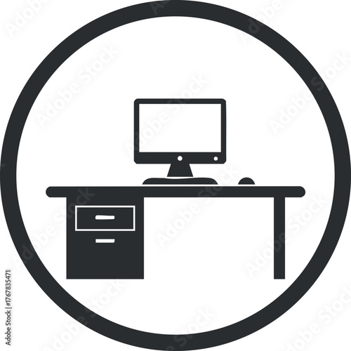 Illustration of a desk with a computer monitor in a minimalist office setting.